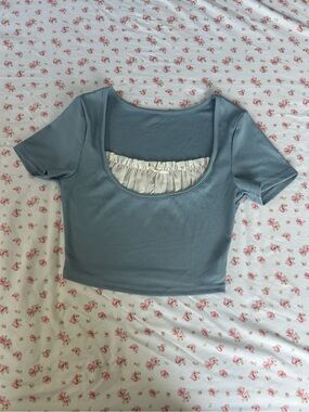 Women’s Scoop Neck Ribbed Crop Top with Contrast Ruffle - Blue
